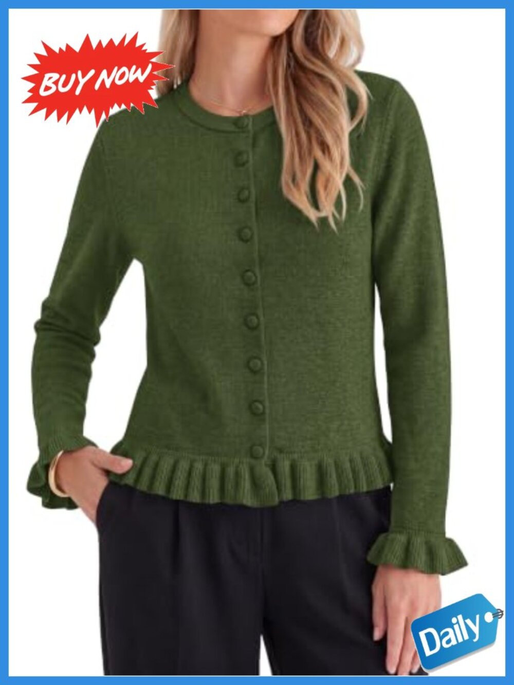 Ruffle Button Down Cardigan Soft Knit Long Sleeve Crew Neck